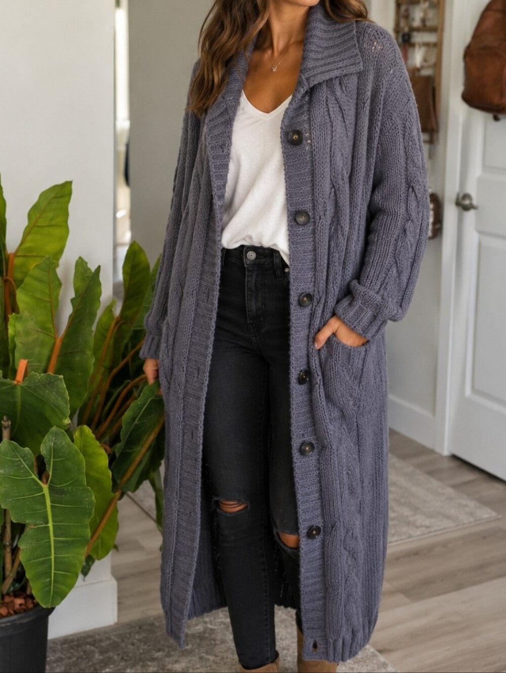Women's Gray Cable Knit Sweater
